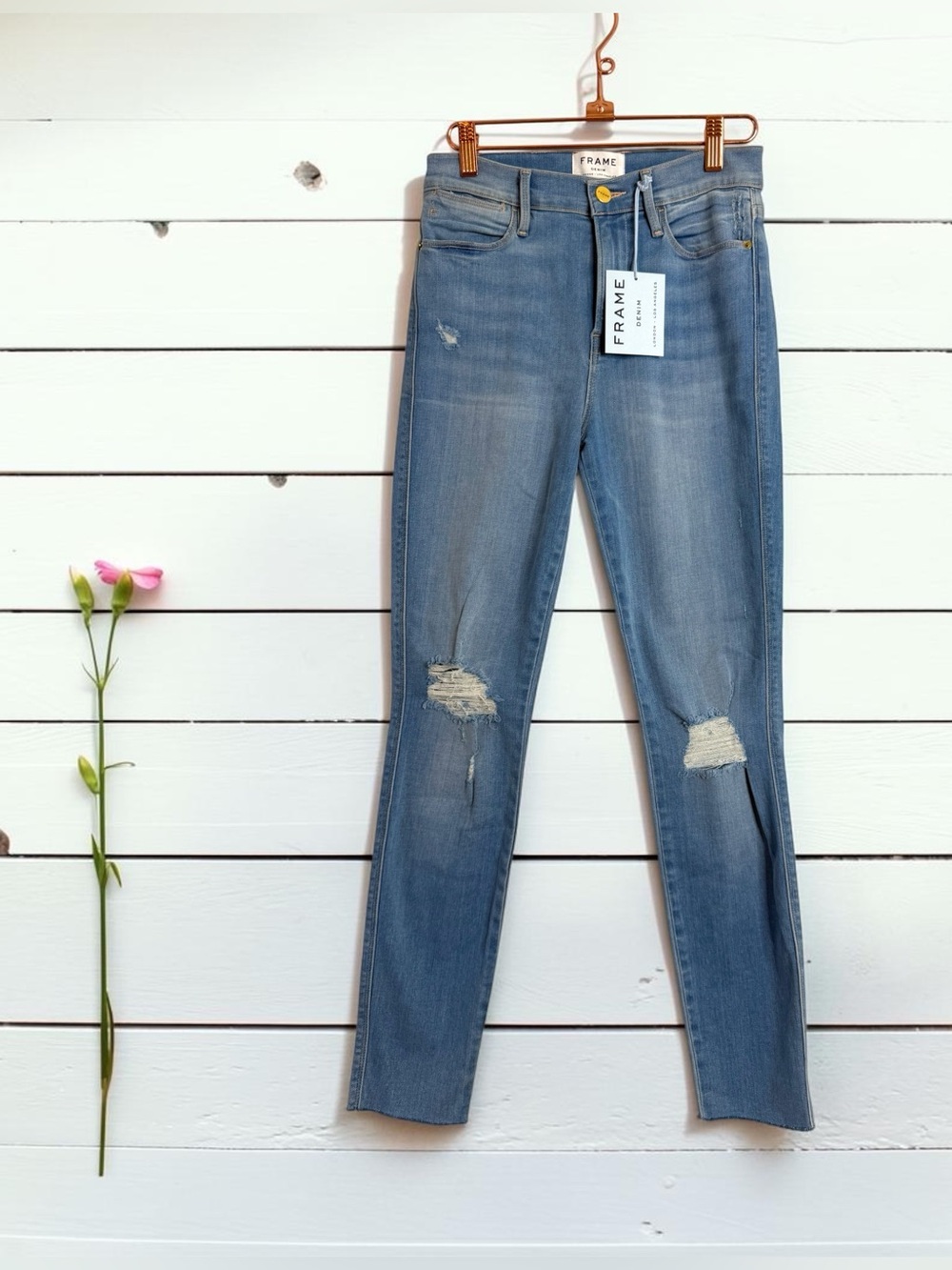 New FRAME Le High Skinny Crop Jeans Daze Distressed Raw Hem High Rise Size 28